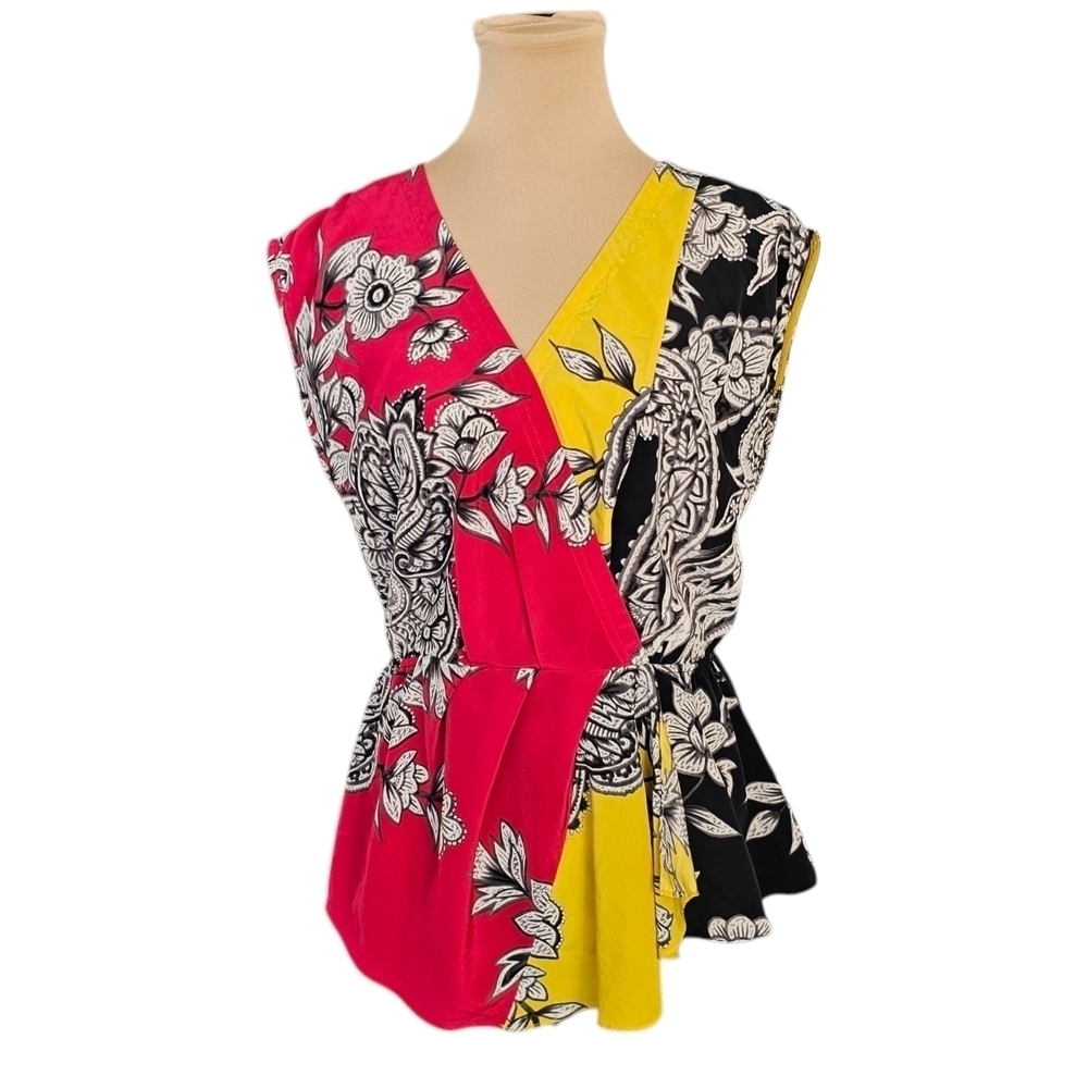 Yoana Baraschi Antrho Yellow and Red Asymmetrical Wrap Blouse Sz 8